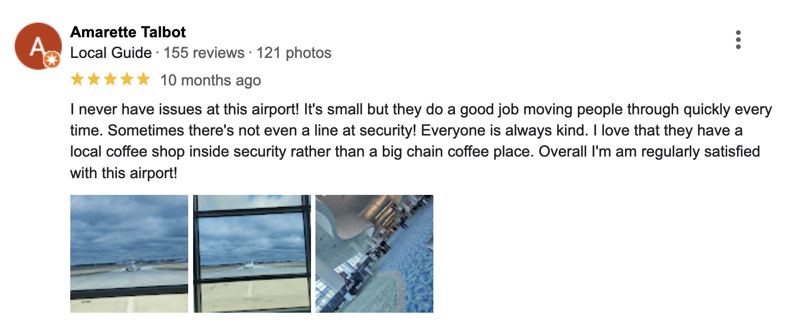 Image of an airport review in which the reviewer generally likes the airport 
