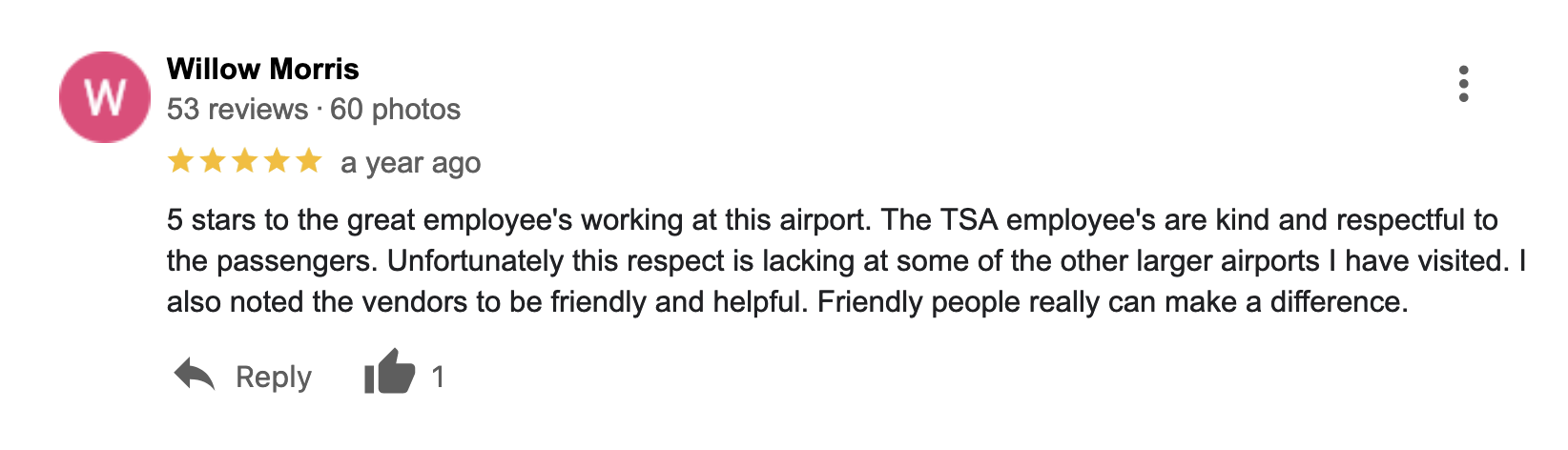 Image of airport review in which the reviewer says that friendly people make a huge difference.